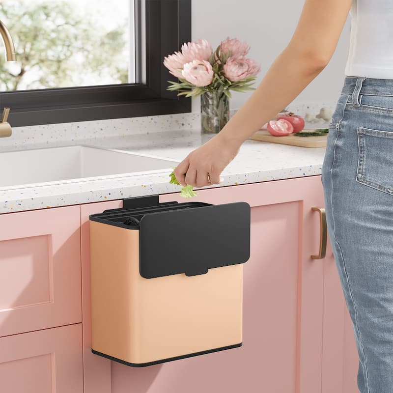 2.1 Gallon Hanging Trash Can with Lid for Kitchen Cabinet Wall Mounted or Countertop Use