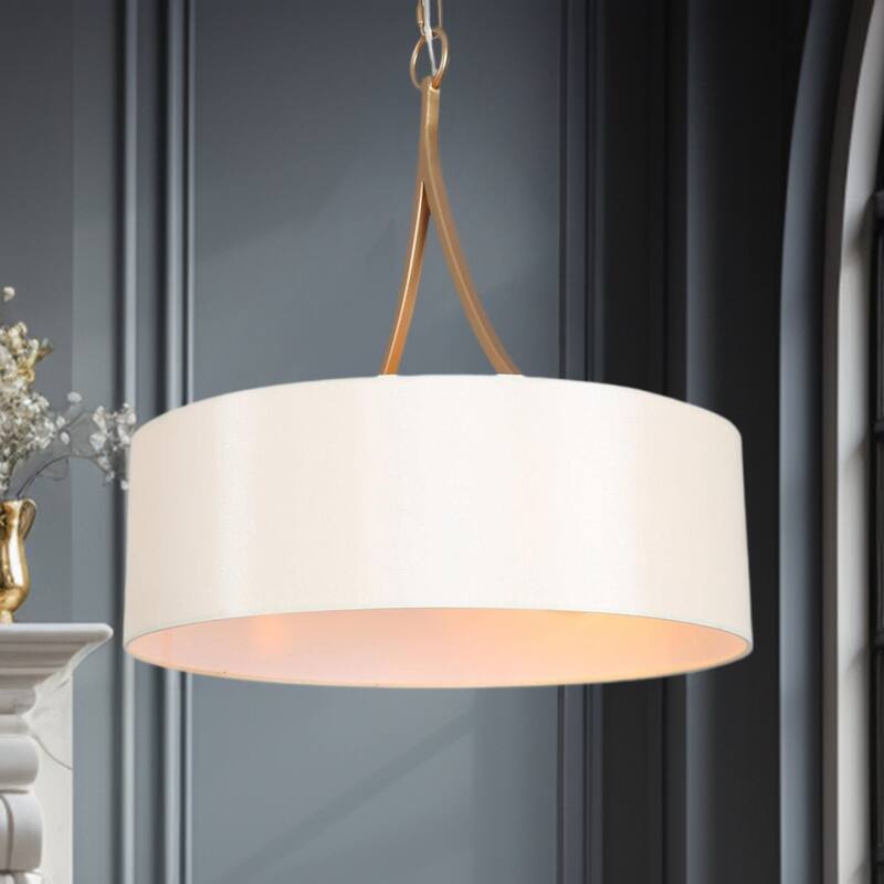 Modern 3-Light Gold Drum Chandelier Fabric Shade Pendant Lights for Dining Room - 17.5" D x 19" H
