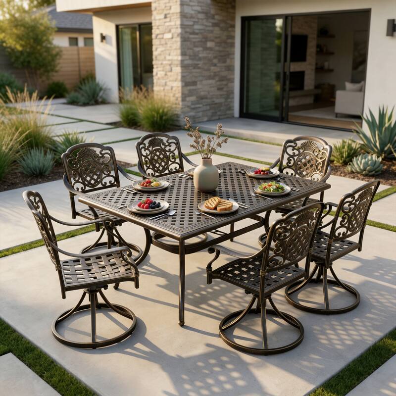 Christopher Knight Home - Abigail 7-Piece Outdoor Cast Aluminum Dining Set with Expandable Table and Swivel Chairs - Hammered Bronze