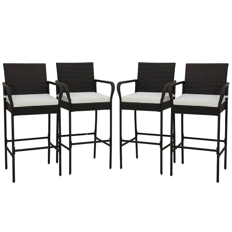 Gymax 4PCS Patio PE Wicker Bar Chairs Counter Height Barstools With - Bar Height - Brown+Beige - Set of 4