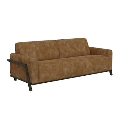 Kelly Sofa, Cognac Brown Faux Leather, 2 Throw Pillows, Solid Wood, 91 Inch