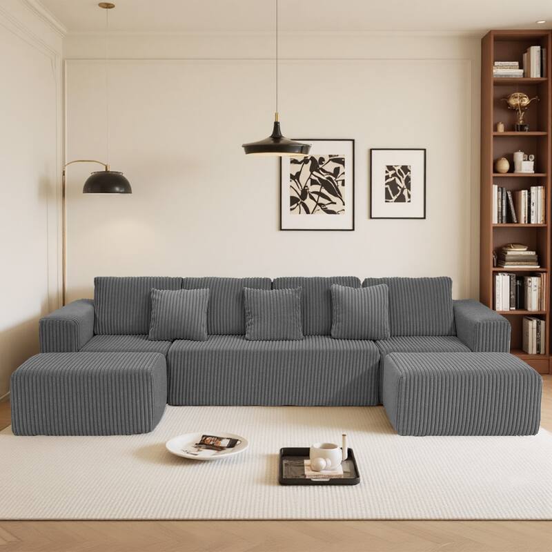 Modular U-shaped Chaise Sectional Sofa Striped Corduroy Compressed Couch with Ottomans and Pillows, Freely Configurable Layout - Grey