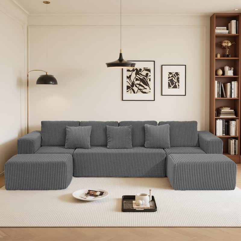 U-Shaped Sectional Sofa with Reversible Chaise Lounge, Oversized Corduroy Fabric Sofa, Modular 4 Seat Compressed Sofa