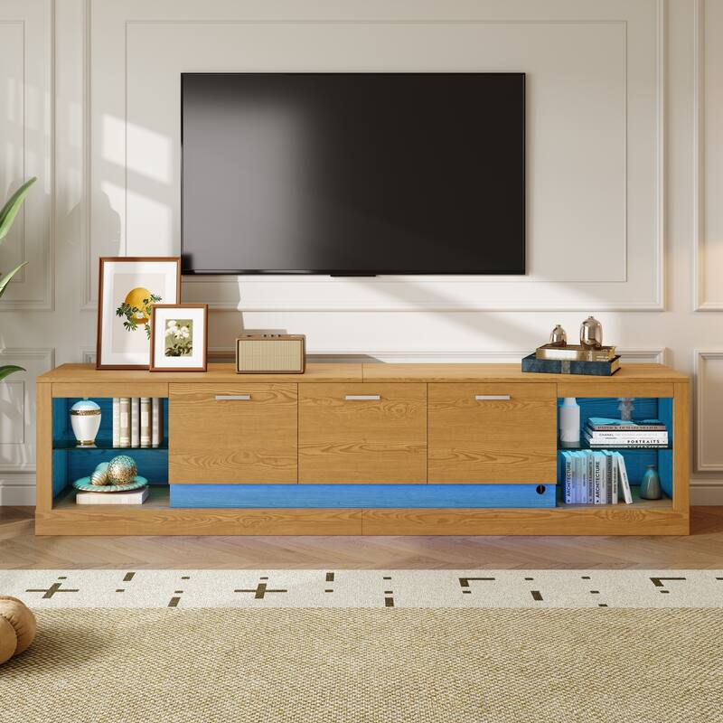 Modern LED TV Stand, for TVs up to 90'' with 6 Cabinets& 2 Open Compartments, for Living Room, Bedroom