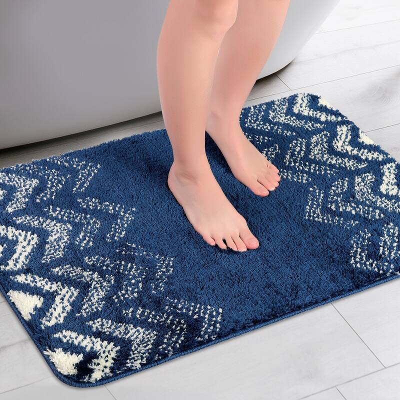 Absorbent Bath Mat Rug, Geometric Patterns Bathroom Mat, Non-Slip Carpet for Kitchen, Shower, Sink - Blue - 16" x 24"