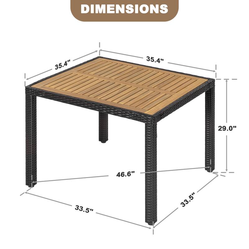 Patio Dining Table, Acacia Wood Top, PE Rattan-Wrapped Metal Frame, Black