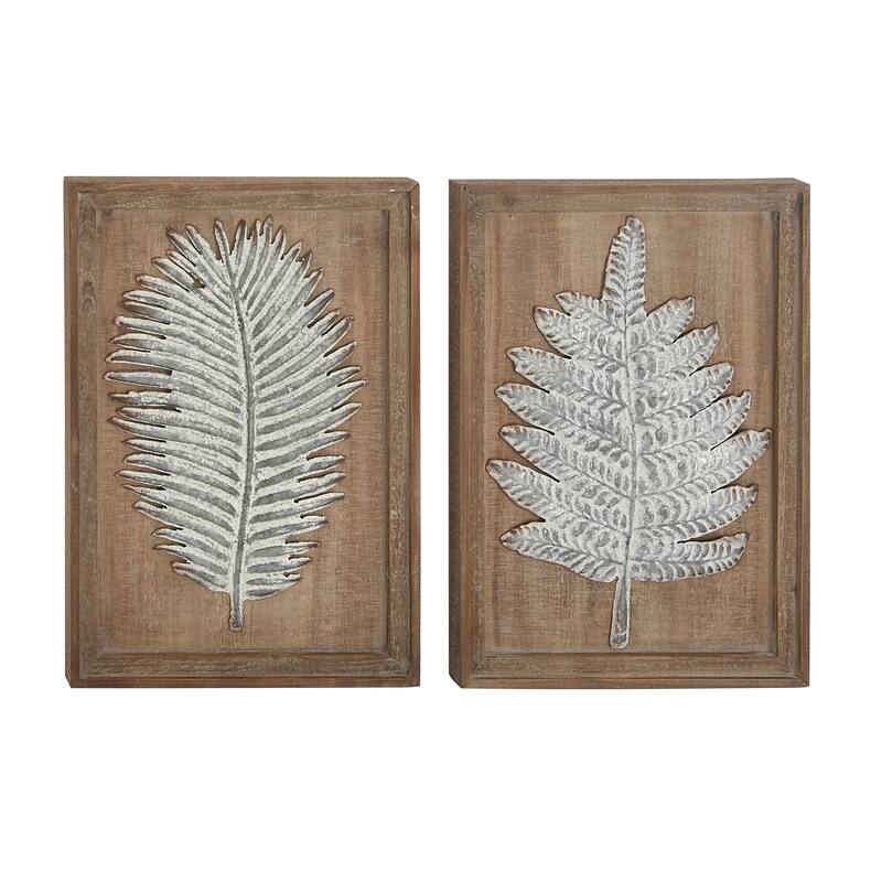 Brown Wood Carved Leaf Home Wall Decor (Set of 2)