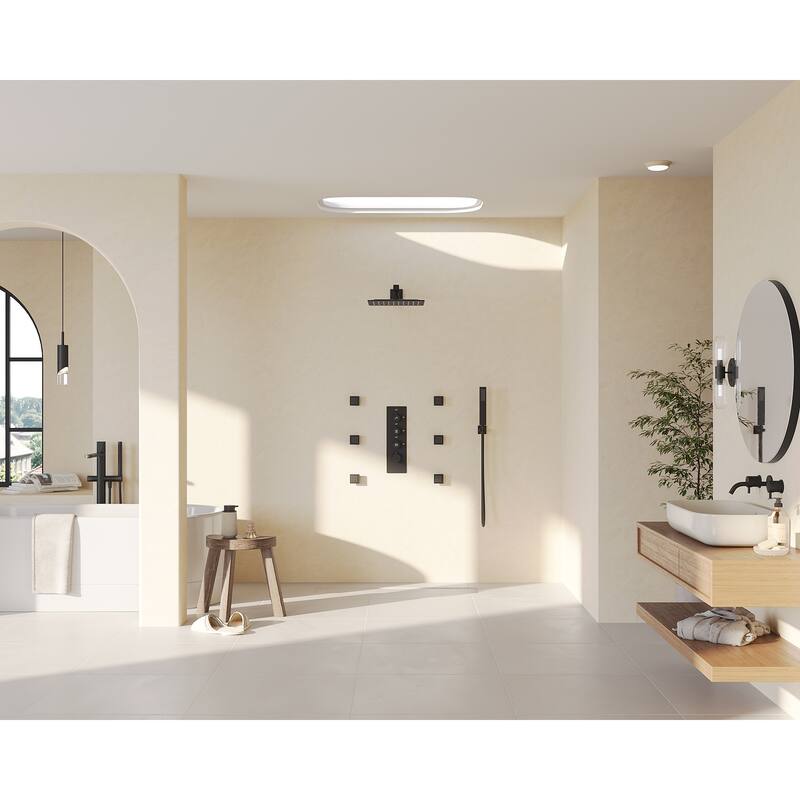 GRANDJOY Thermostatic Shower Faucet Set 12 inch Wall Mount Rainfall Shower Head with 6 Body Jets and Handheld Spray Combo
