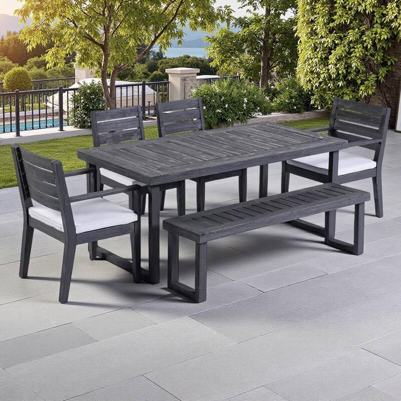 6-Piece Outdoor Acacia Wood Dining Set with Rectangular Table, 4 Cushioned Chair, and Bench - DARK GREY,LIGHT GREY