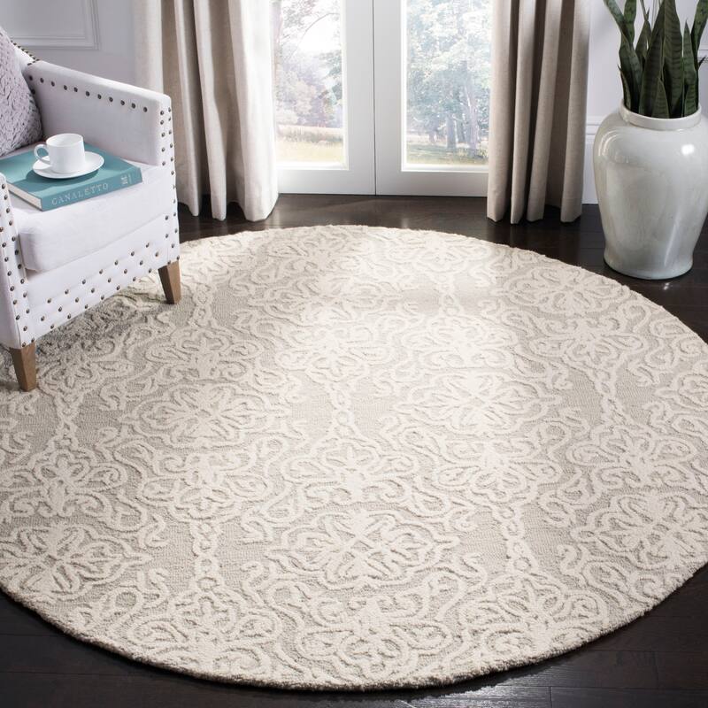 SAFAVIEH Handmade Blossom Mahalia Modern Floral Wool Rug - 8'x8'Round - Silver/Ivory