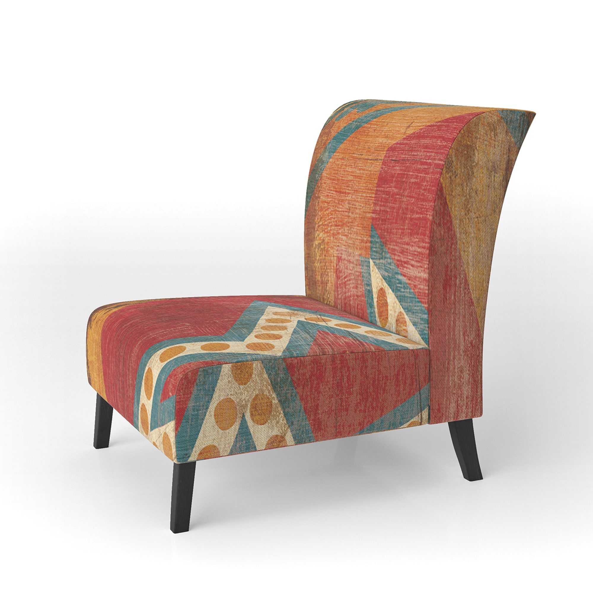 Side view of an accent chair with colorful geometric upholstery and black legs