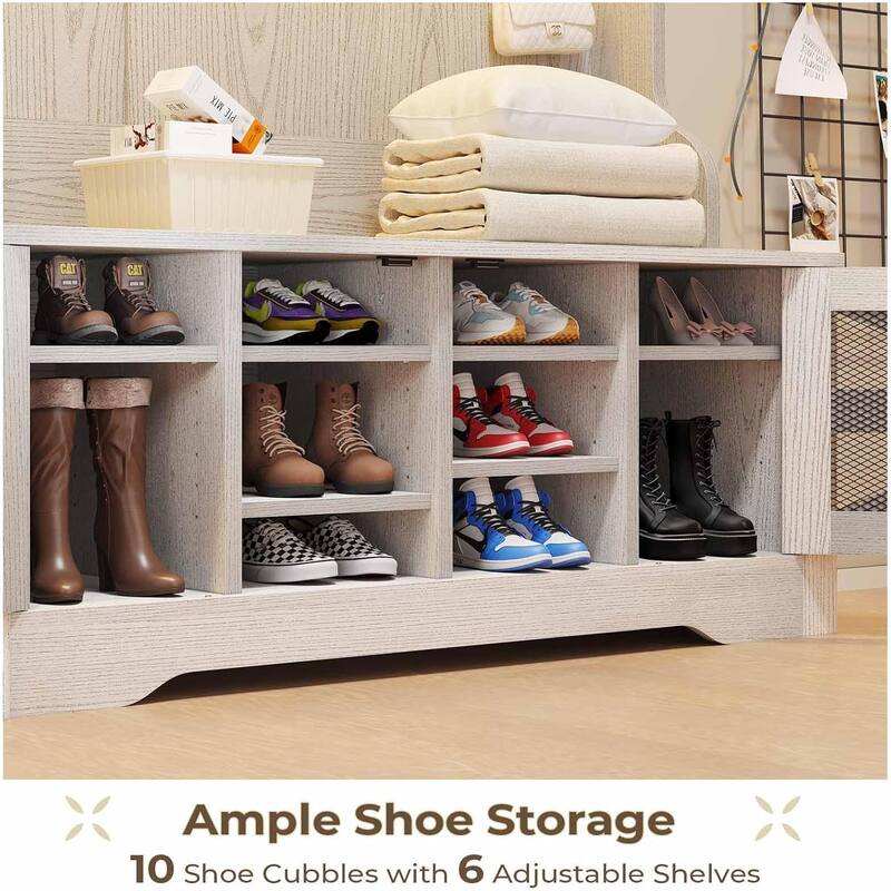 Hall Tree w/ Bench Shoe Storage Shoe Cubby Barn Door Adjustable Shelf