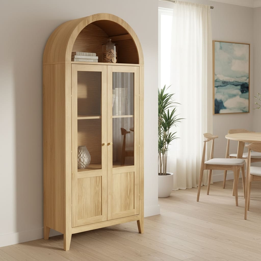 HomeRoots 30" Natural Arched Accent Cabinet With Two Glass Panel Doors