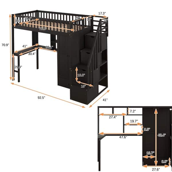 dimension image slide 0 of 3, Twin size Loft Bed with Bookshelf,Drawers,Desk,and Wardrobe