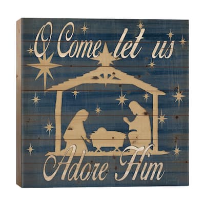 Adore Him Nativity Navy Print On Wood by Jen Killeen - Multi-Color
