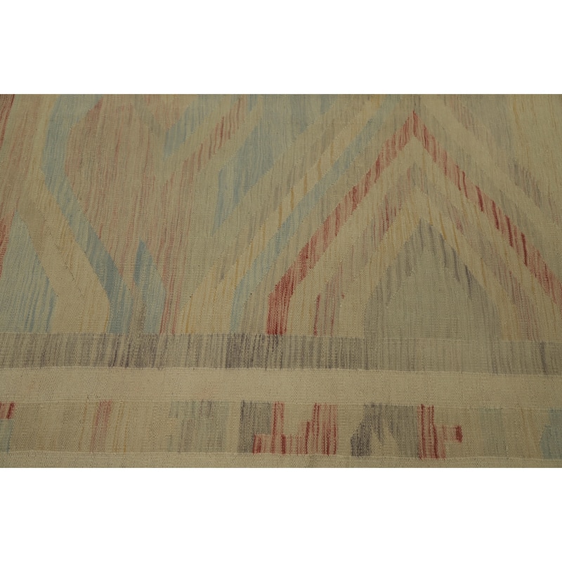 Hand Woven Oriental 100% Wool Carpet Southwestern Tribal Beige & Ivories Kilim Area Rug - 9' 8'' X 6' 8''
