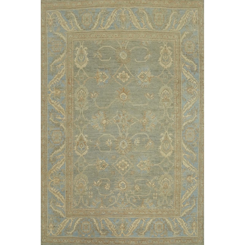 Handmade Gray Oushak Vegetable Dye Area Rug, Floral Geometric Carpet - 12' 1'' X 9' 1''