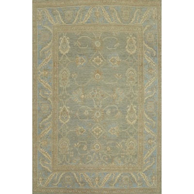 Handmade Gray Oushak Vegetable Dye Area Rug, Floral Geometric Carpet - 12' 1'' X 9' 1''