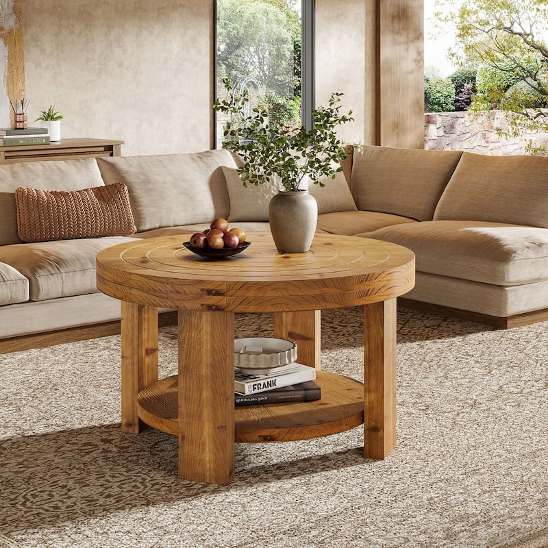 Solid Wood Coffee Table with Shelf Storage, Living Room Center Accent Tea Table