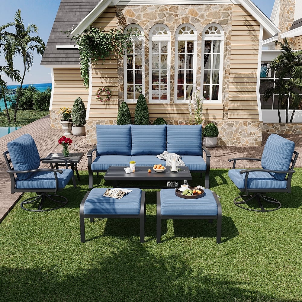 EROMMY Patio Set: 360° Swivel Rockers, Sofa, Ottomans & Table – Outdoor Conversation Set for Poolside, Garden & Deck