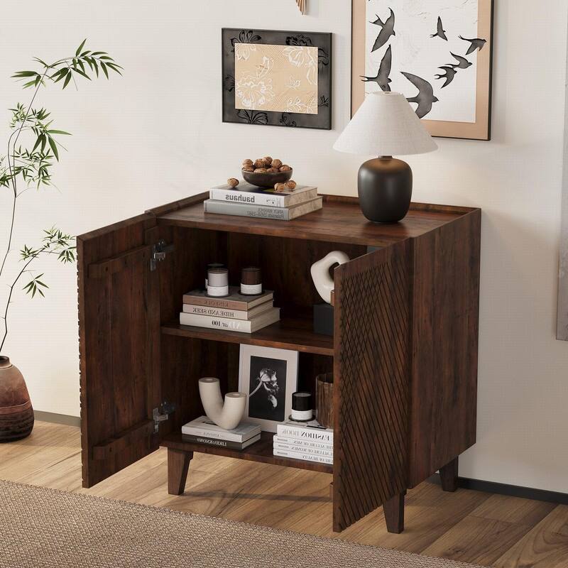 Rustic Solid Mango Wood Accent Buffet Cabinet with Fluted Door and Adjustable Shelf