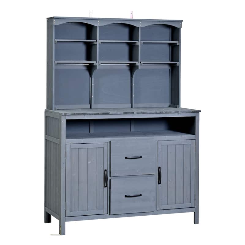 45" Fir Wood Outdoor Potting Bench with Hutch, Cabinets, and Drawers