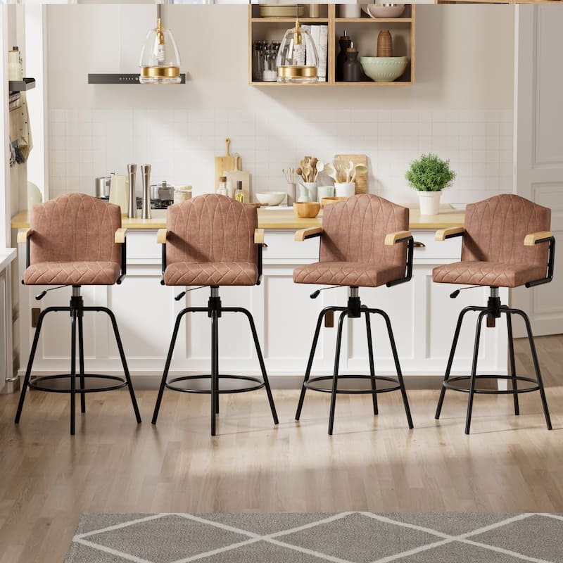 VECELO Set of 2/4 Brown PU Leather Swivel Bar Stools Comfortable Swivel Bar Stools with Footrest Fixed Height Tufted Bar Stools