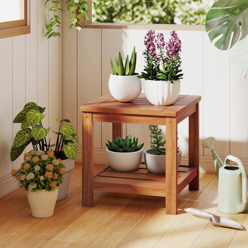 Gymax 2-Tier Adirondack Side Table w/ Slatted Tabletop Storage Shelf