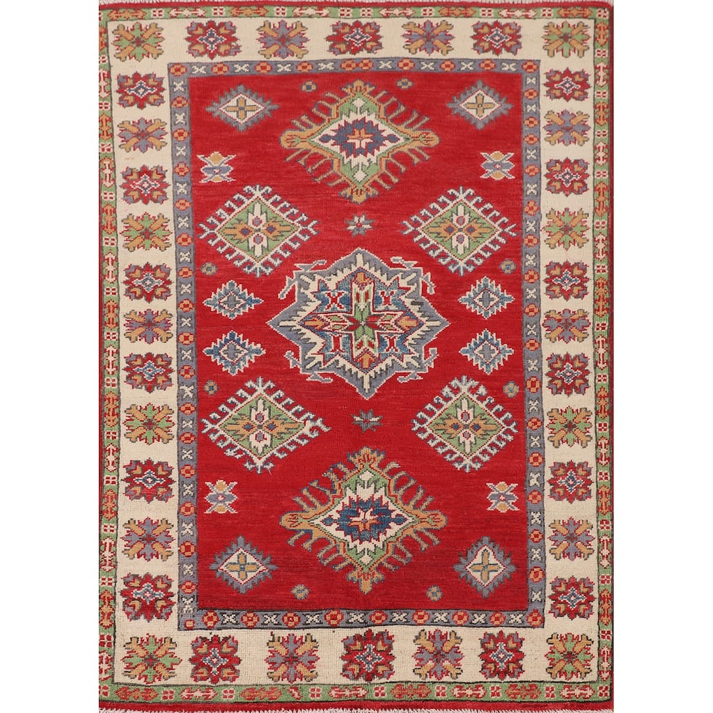 Red Kazak Oriental Accent Rug Hand-Knotted Wool Carpet - 3'5" x 4'11"