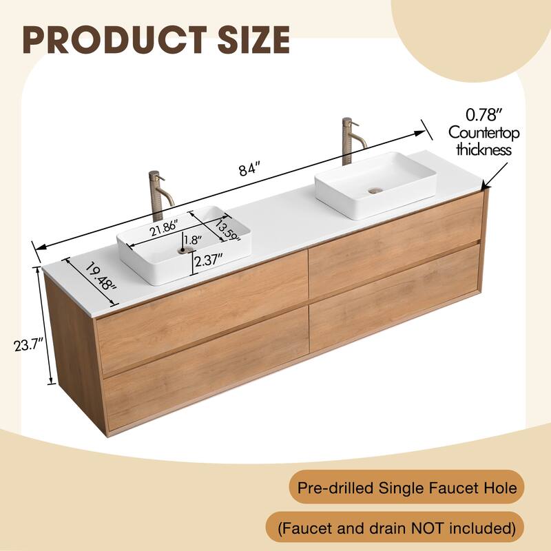84" Floating Bathroom Vanity Quartz Counter Top with Double Ceramic Vessel Sink