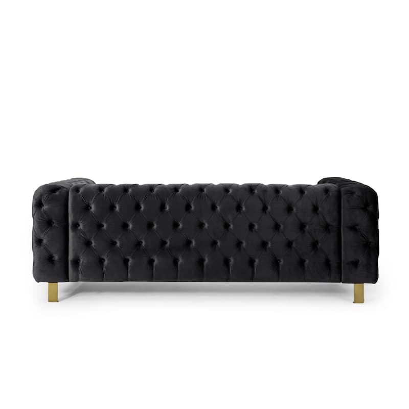 Roomfitters Modern 3-Seater Sofa with Tufted Back and Arms, Upholstered Couch with Gold Metal Legs for Living Room, Black