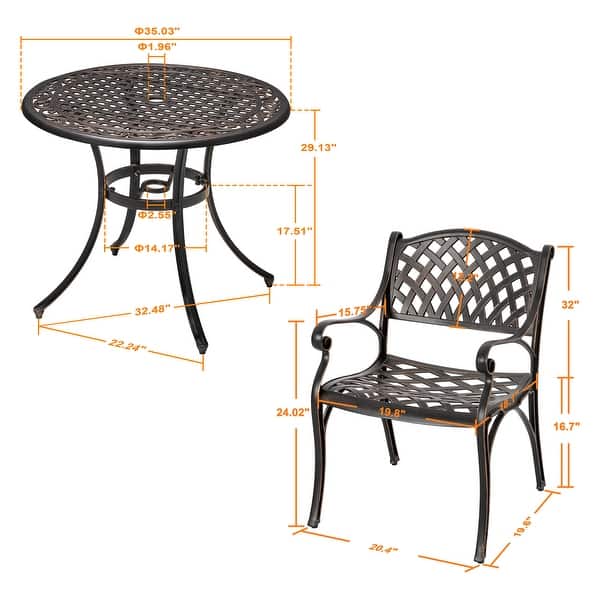 Nuu Garden Outdoor 3-Piece Bistro Set with Umbrella Hole, Black with Gold-Painted Edge