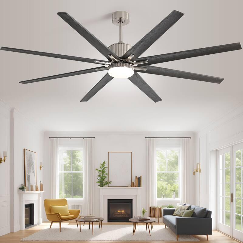 Sofucor 76/84Inch Large Industrial Ceiling Fan,Indoor/Outdoor Smart with Lights and Remote,Work with Alexa/Google - 76"Smart(Remote+APP+Voice Control) - Nickel with Brushed Black Solid wood Blades