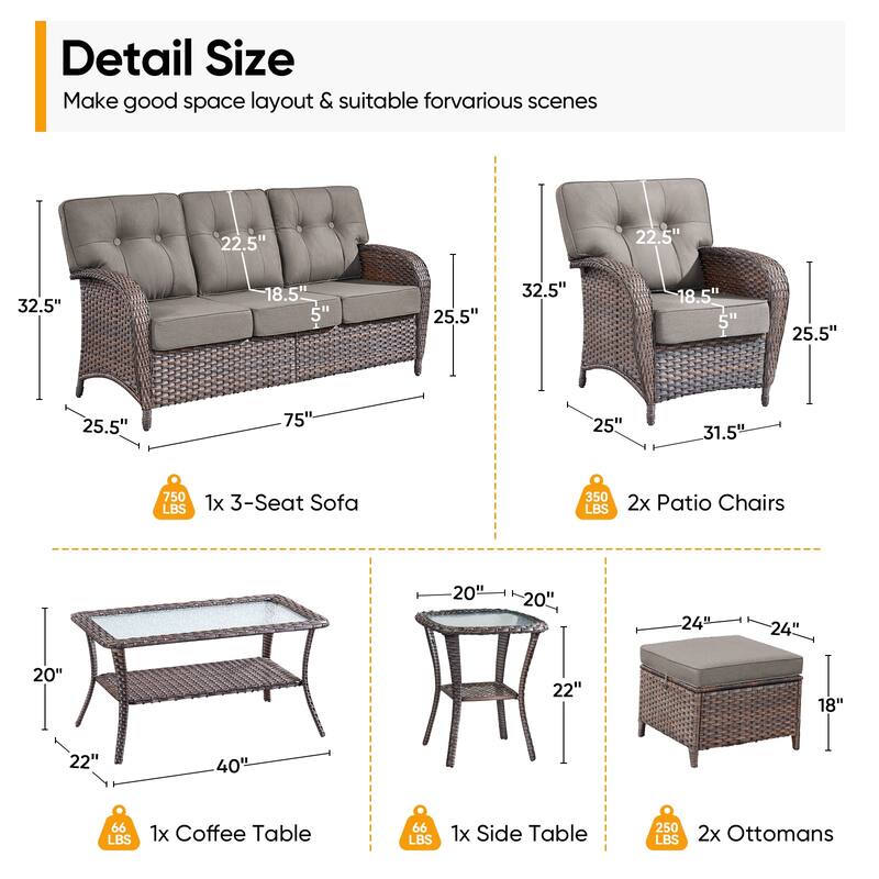 Pocassy 7 Piece Ooutdoor Sofa with Patio Chair Ottoman Table