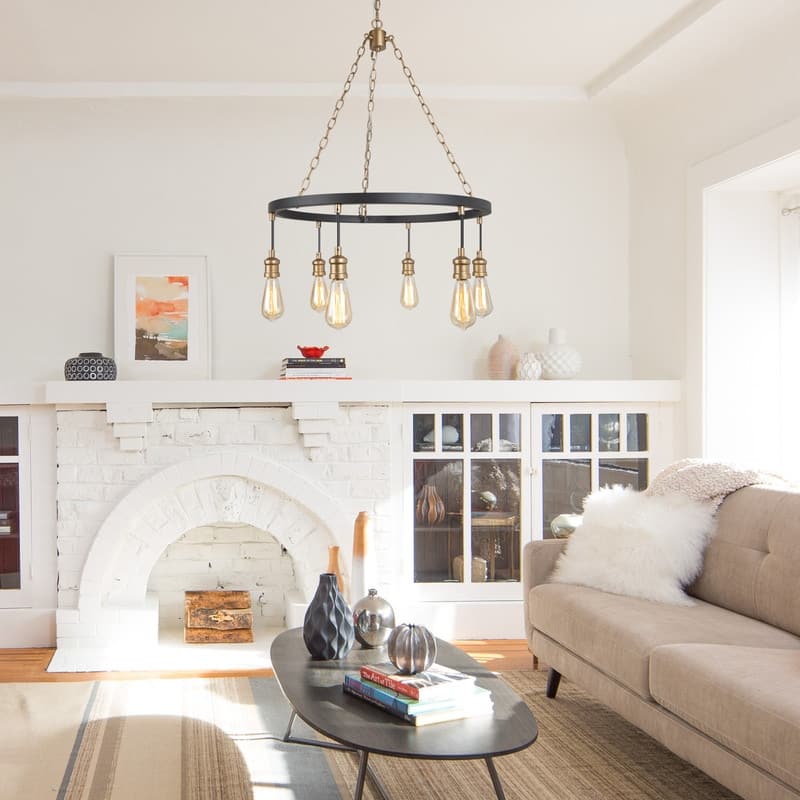 Modern Farmhouse 6-Light Black Gold Wagon Wheel Chandelier for Dining Room - W24.8"x H31.5"