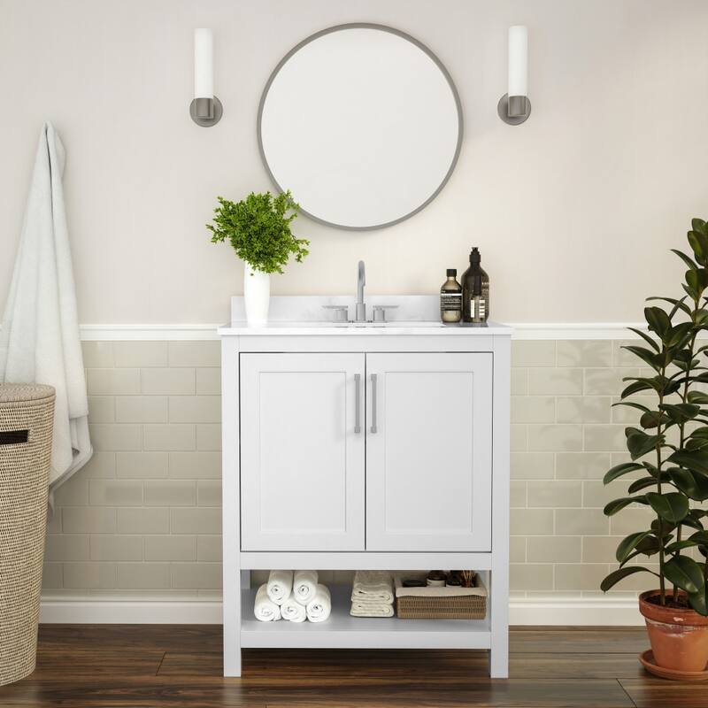 Bathroom Vanity with Undermount Sink and Open Storage Shelf - 30 Inch - White Frame/Nickel Hardware