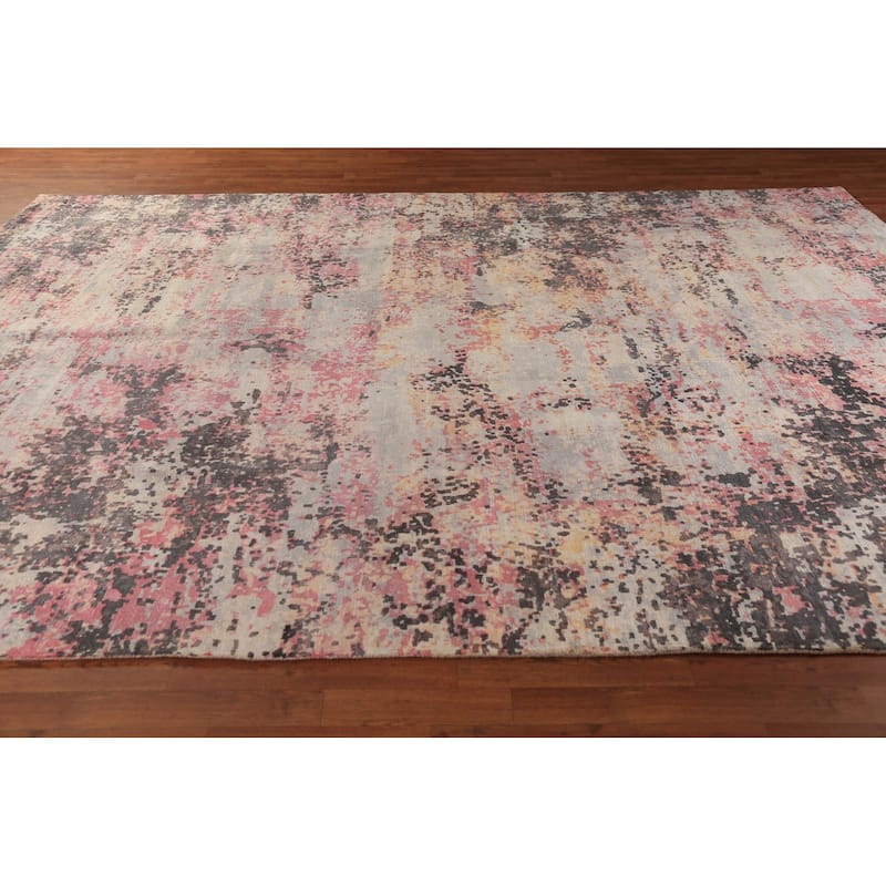 Modern Abstract Indian Rug Hand-Knotted Oriental Wool Carpet - 8'11"x 11'11"