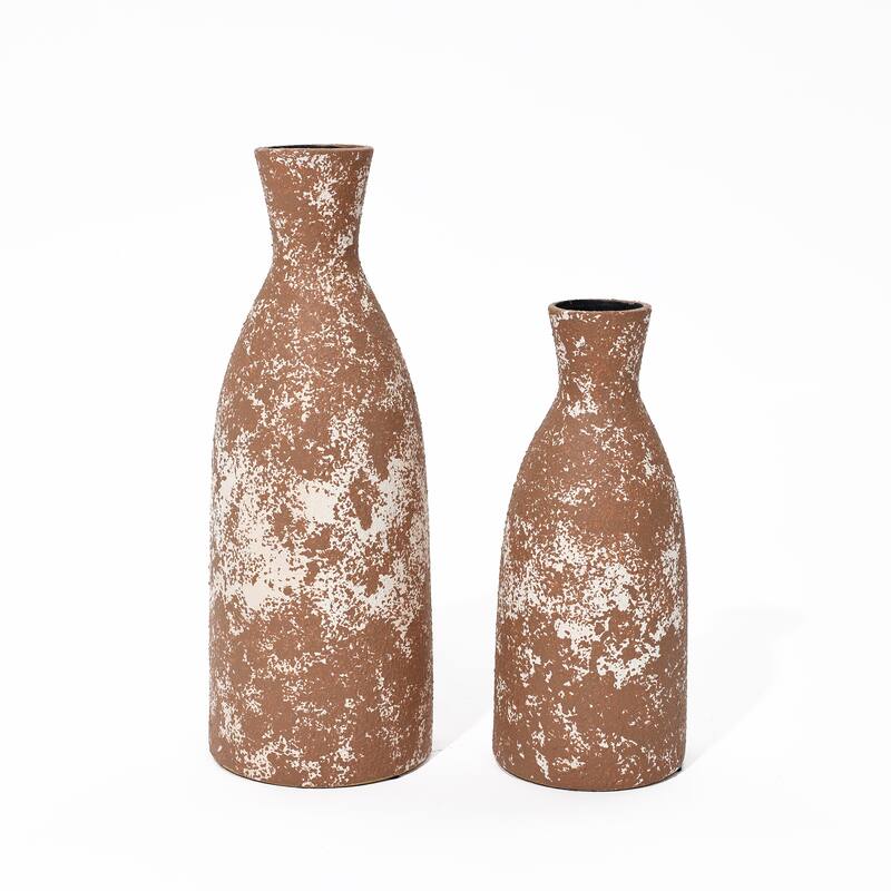2-Piece Rustic Brown Round Stoneware Vase Set