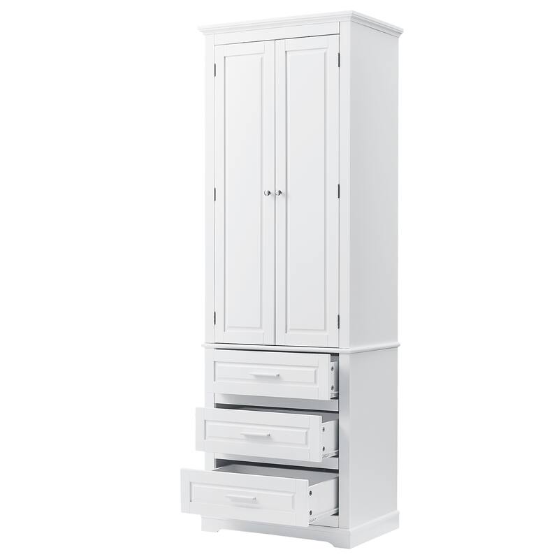 Roomfitters 64" Tall Bathroom Storage Cabinet, Modern MDF Linen Tower with 3 Large Drawers & Adjustable Shelves, White