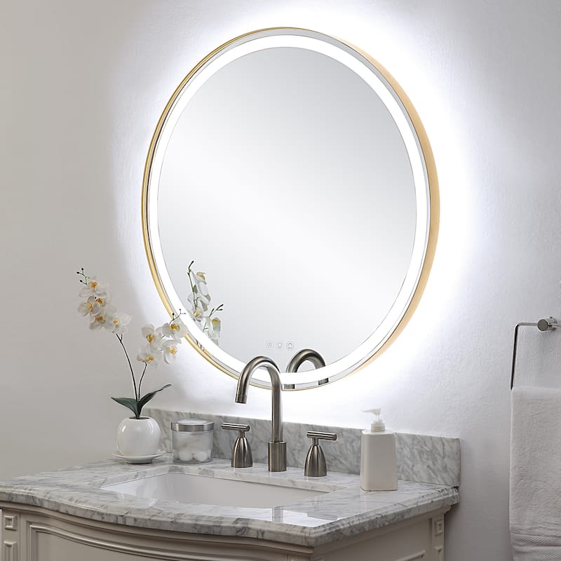 Uttermost Crofton Lighted Brass Round Mirror - 32"W x 32"H x 2.13"D