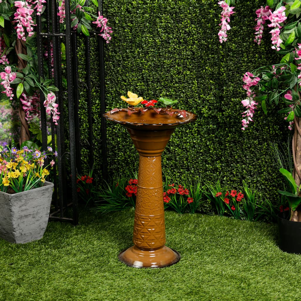 Alpine Corporation ORS112BR 28" Vintage Outdoor Metal Pedestal Birdbath with Shallow Flower-Shaped Bowl and Decorative Stand