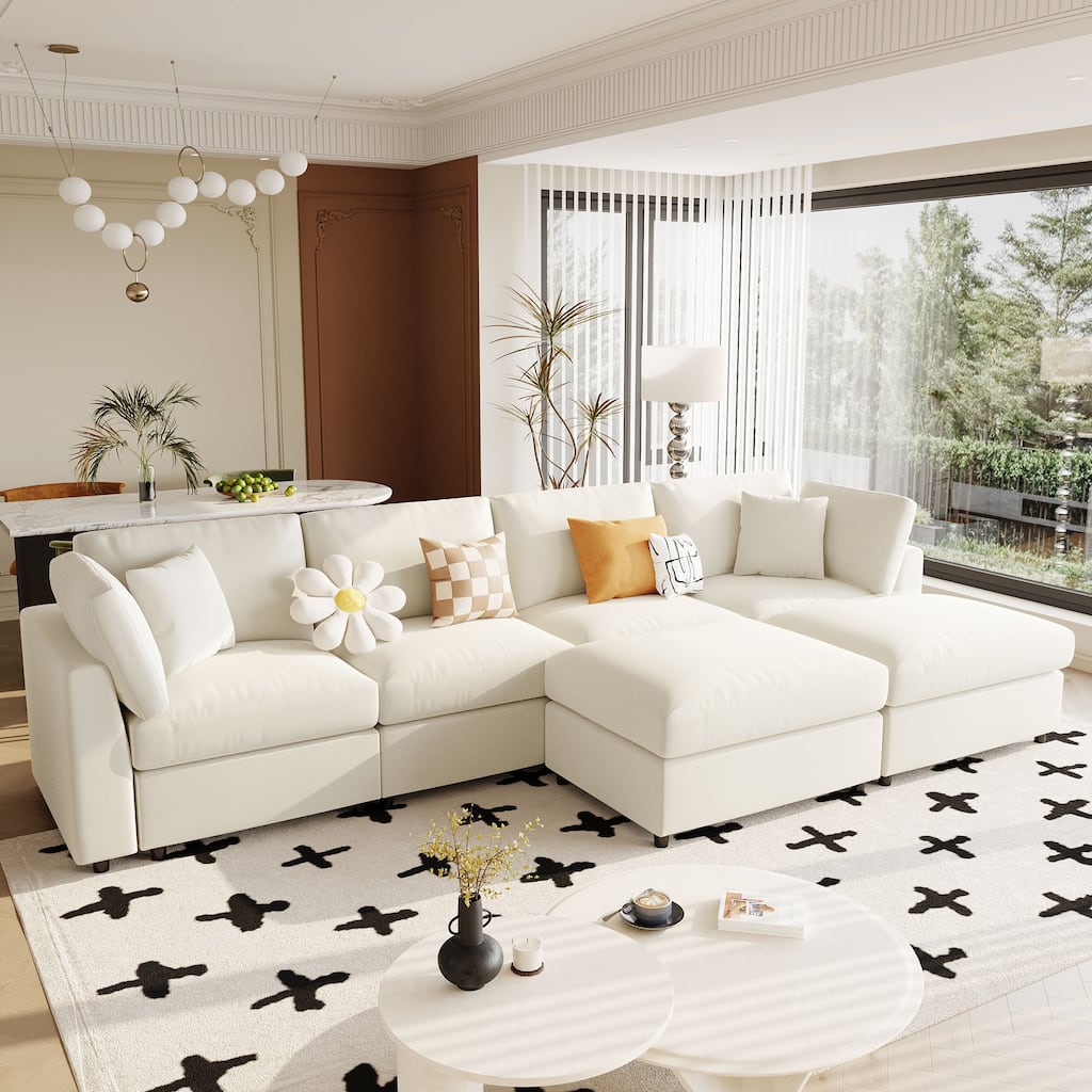 U-Shaped Modular Design Chenille Fabric Sectional Sofa with 2 Movable Ottomans