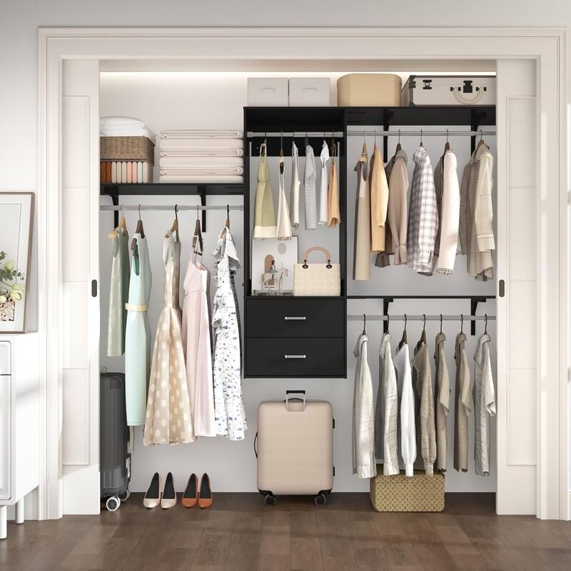 96'' Hanging Closet System with 3 Hanging Rod ＆ 3 Shelving Towers ＆ 2 Drawers,8FT Walk in Closet Organizer System - Black