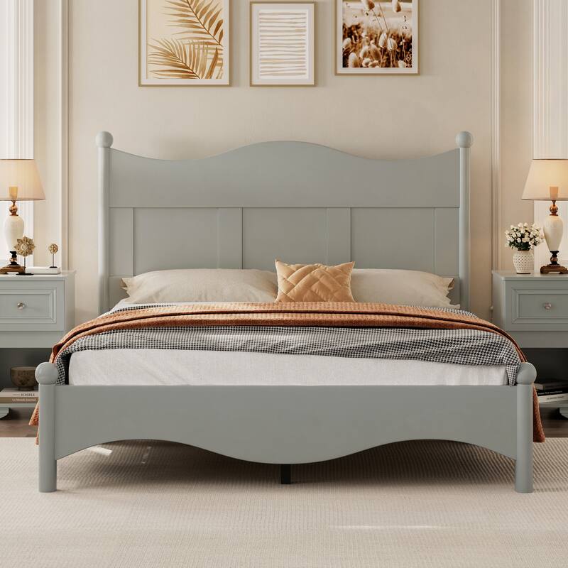 Queen Size Elegant Wood Platform Bed Frame, Retro Style, No Box Spring Needed, Sturdy Wooden Slat Support, Bedroom Furniture