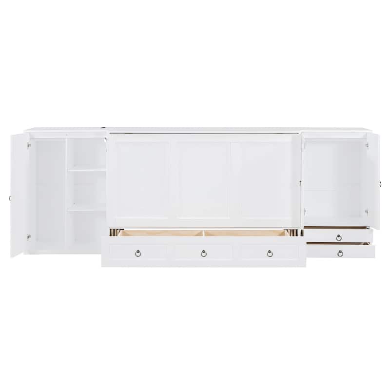 Queen Size Murphy Bed with USB Port, Little Wardrobes and Drawers, White