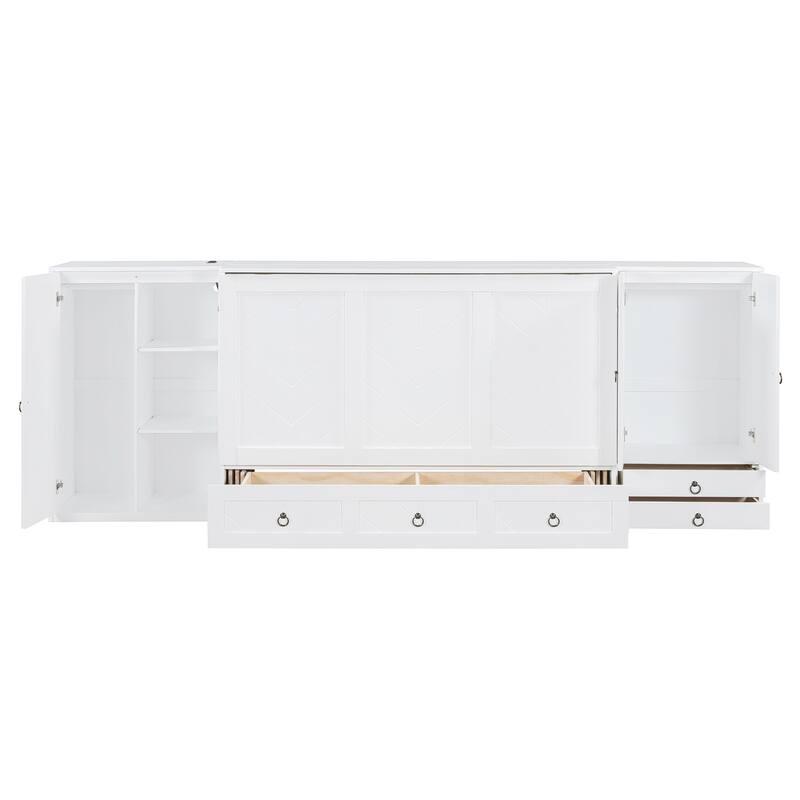 Queen Size Solid Wood Murphy Bed with Charging Station, Built-In Wardrobes, Drawers, and Foldable Cabinet Design