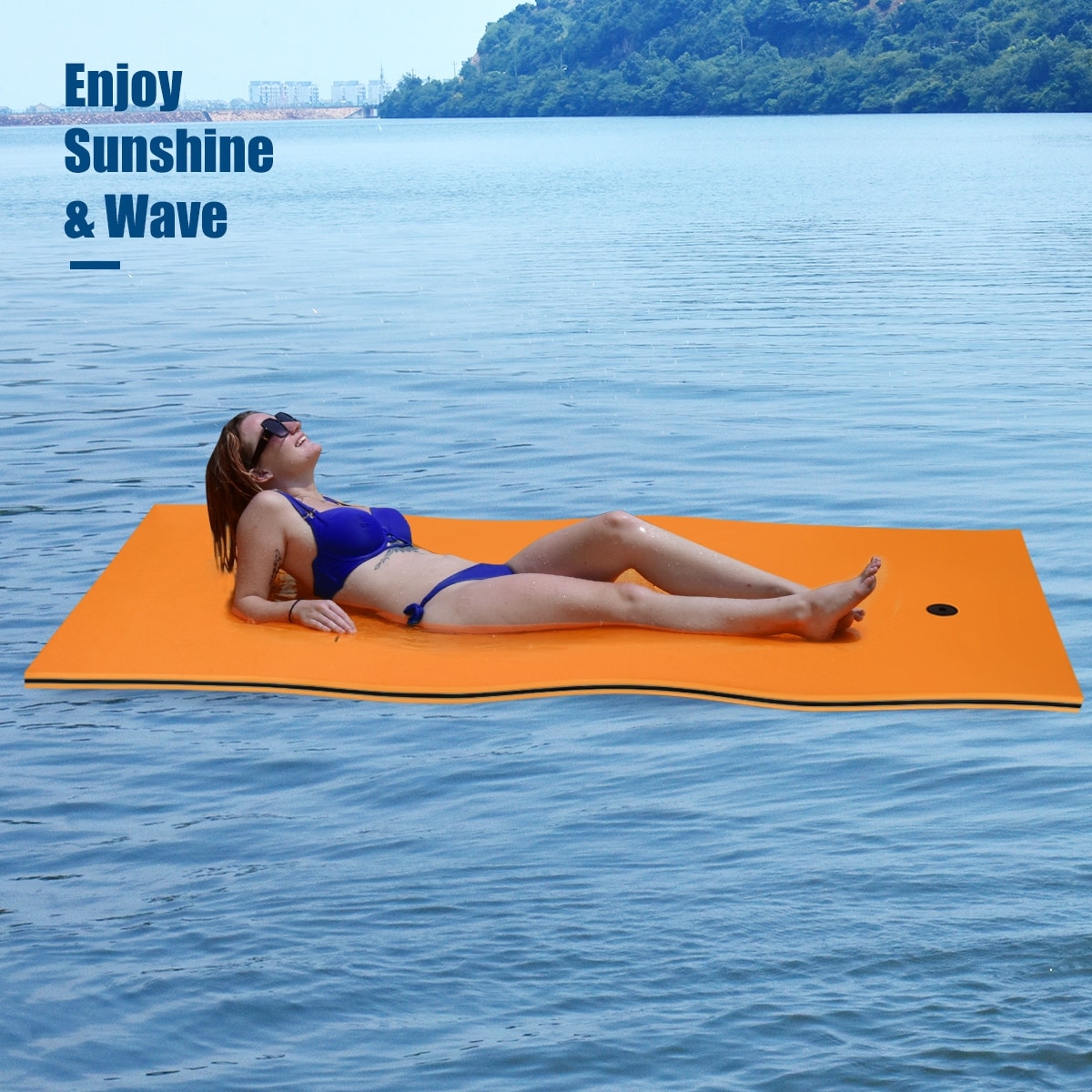 Floating Water Mat for Lake, Pool, and Sea, 3-Layer XPE Foam  9'/10'/12'/15'/18' x 6' Water Pad with Storage Straps for Adults Outdoor  Water Activities 