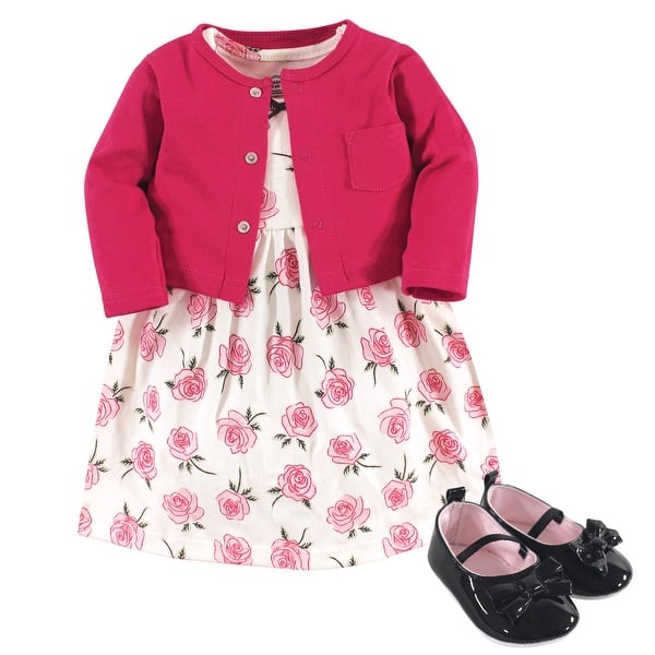 slide 1 of 1, Little Treasure Baby Girl Cotton Dress, Cardigan and Shoe 3pc Set, Rose 0-3 Months - Rose