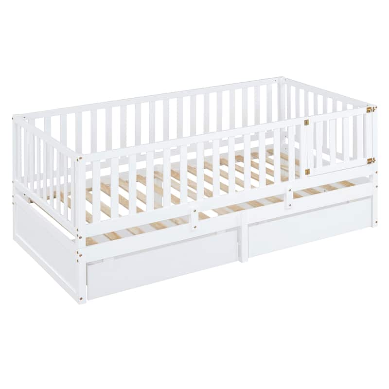 Twin Size Wood Daybed with Fence Guardrails and 2 Drawers, Split into Independent Floor Bed & Daybed, White