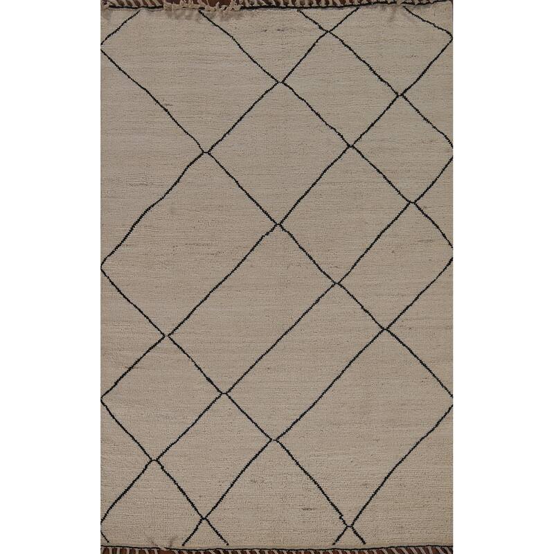 Trellis Moroccan Oriental Area Rug Hand-Knotted Beige Wool Carpet - 5'7"x 8'0"